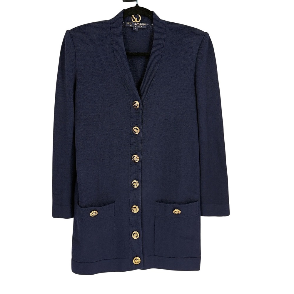 St John Basics Santana Knit Cardigan Jacket Navy Gold Buttons‎ Petite M 39" Bust